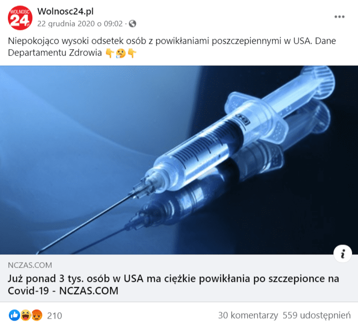 Zrzut ekranu wpisu na Facebooku przedstawiającym szczepionkę. 