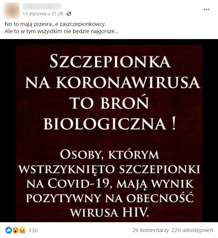 Zdjęcie wpisu na Facebooku z tezą o broni biologicznej w formie szczepionek.
