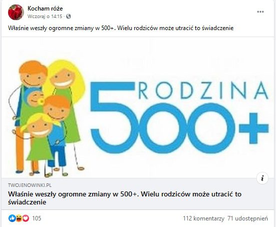 Post ze strony Kocham Róże, zawierający link do artykułu