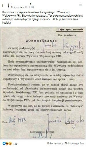 Zdjęcie wpisu na Facebooku ze zobowiązaniem z podmienionym podpisem. 
