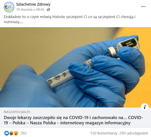 Zrzut ekranu wpisu na facebooku wraz z odesłaniem do artykułu opatrzonego poglądowym zdjęciem ze szczepionką.