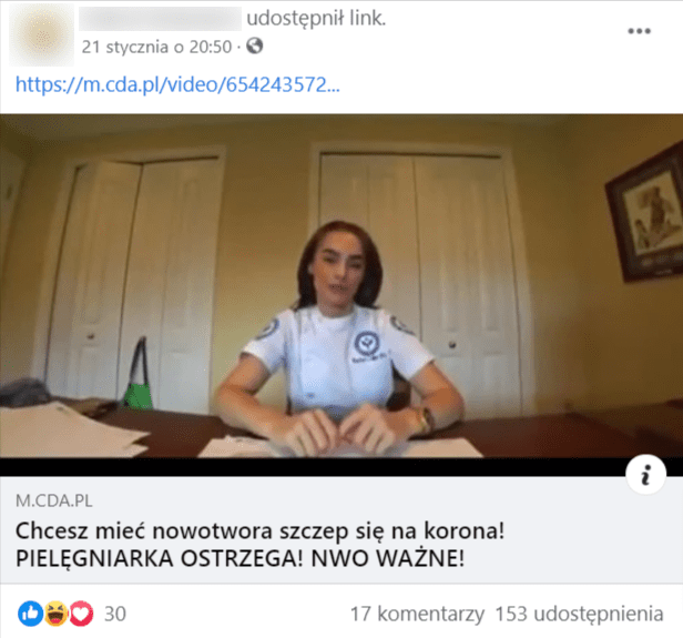 Zrzut ekranu przedstawiający wpis na grupie Stop aferzystom na Facebooku z podlinkowaniem do filmu z udziałem Rachel Celler. Na zdjęciu ilustrującym film widoczna jest kobieta siedząca przy biurku. Obok niej znajduje się niewielki stos kartek. 