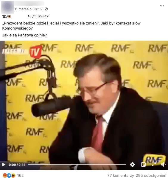 Analizowany film na Facebooku. Na zdjęciu Bronisław Komorowski, za nim ścianka z logiem RMF24.