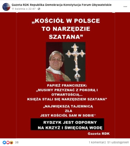 Zrzut posta z grupy facebookowej “Gazeta RDK Republika Demokracja Konstytucja Forum Obywatelskie” z załączoną grafiką. W jej centrum zdjęcie ojca Tadeusza Rydzyka z dużym, złotym krzyżem, powyżej i poniżej zdjęć - rzekome cytaty papieża Franciszka.