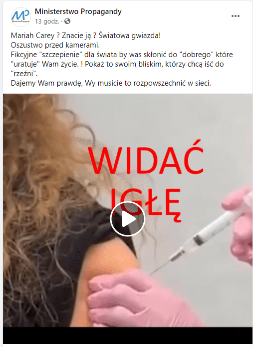 Zdjęcie posta z filmem ze szczepienia piosenkarki Mariah Carey.