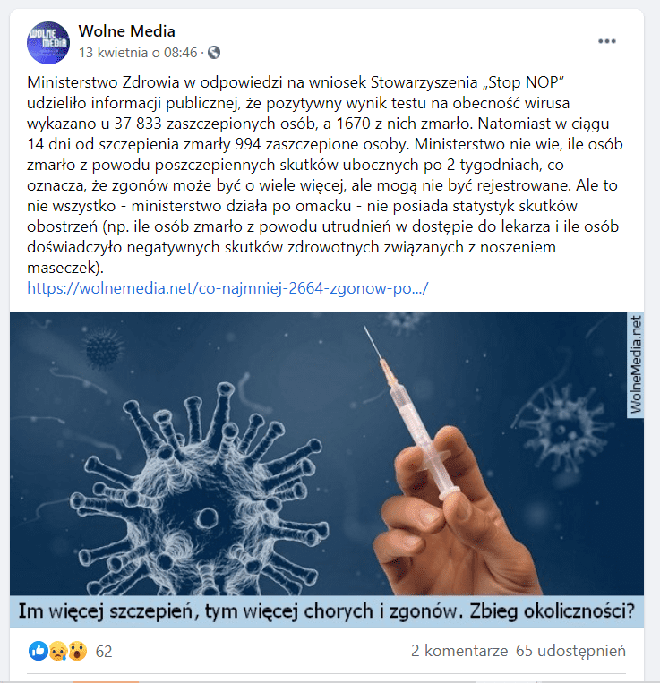 Zrzut ekranu z Facebooka. Znajduje się na nim grafika przygotowana przez serwis WolneMedia.net, na której czytamy: “Im więcej szczepień, tym więcej chorób i zgonów. Zbieg okoliczności?”