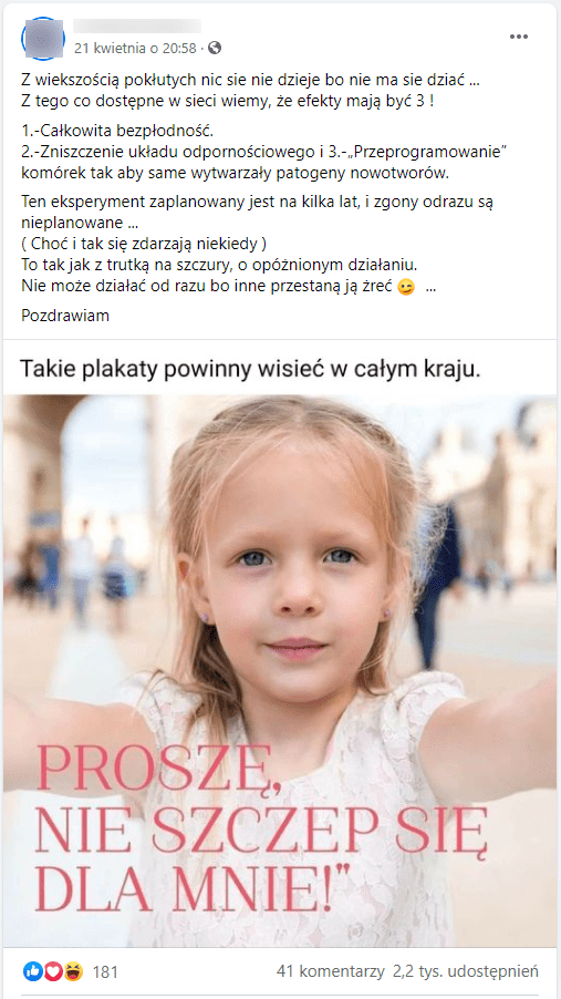 Zdjęcie omawianego posta. Zilustrowany jest on zdjęciem małej dziewczynki z podpisem: „PROSZĘ, NIE SZCZEP SIĘ DLA MNIE!” i komentarzem: „Takie plakaty powinny wisieć w całym kraju”.