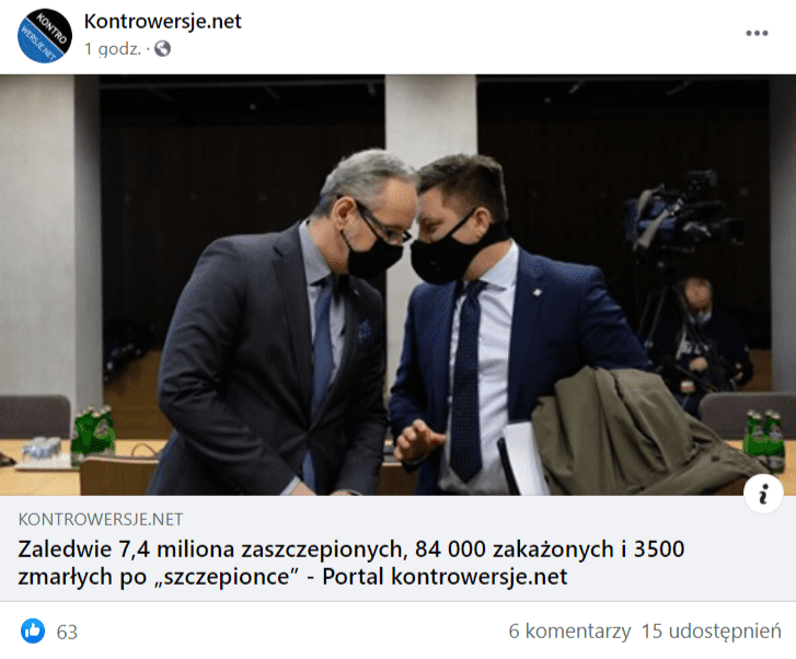 Wpis profilu Kontrowersje.net na Facebooku. Wpis zawiera łącze do artykułu portalu kontrowersje.net, który opatrzono grafiką przedstawiającą rozmawiających Adama Niedzielskiego i Michała Dworczyka. Na wpis zareagowało ponad 60 osób, a ponad 10 udostępniło go. 