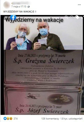 Post użytkownika Facebooka prezentujący dwie fotografie. U góry starsi państwo, u dołu nekrologii.