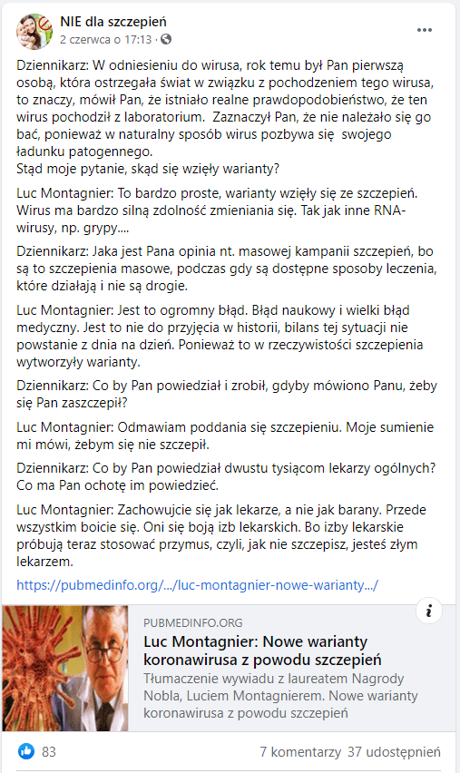 Zrzut ekranu omawianego postu. Na miniaturze artykułu znajduje się zdjęcie twarzy starszego mężczyzny w kitlu lekarskim oraz grafika przedstawiająca wirus w powiększeniu.