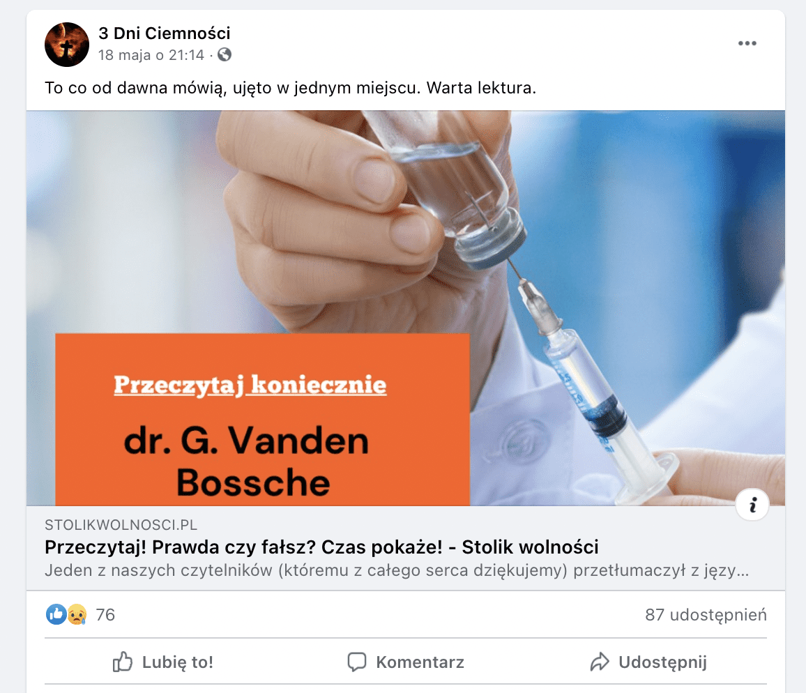 Zrzut ekranu z Facebooka. „To co od dawna mówią, ujęto w jednym miejscu. Warta lektura” - czytamy w poście. Dołączono do niego link do artykułu, który ilustruje zdjęcie osoby napełniającej strzykawkę płynem z fiolki.
