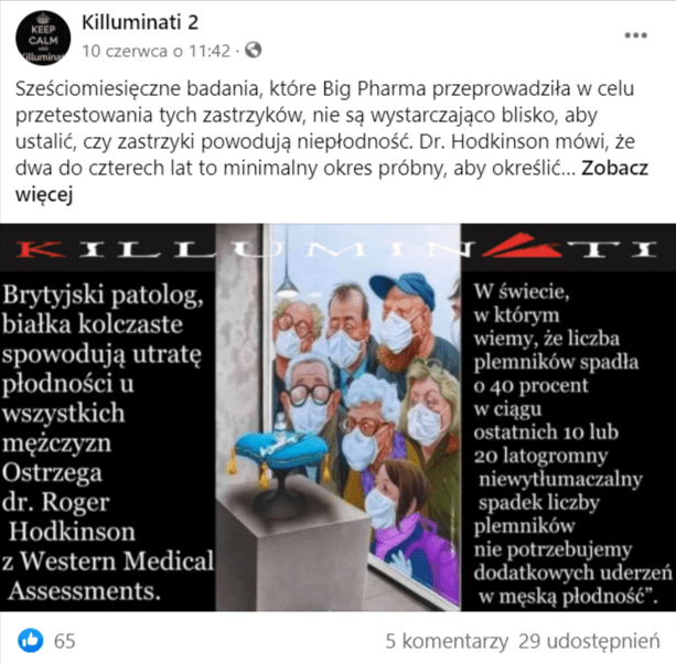 Zrzut ekranu wpisu z profilu Killuminati, w którym pisano o doniesieniach dr. Rogera Hodkinsona. Na ilustracji dołączonej do posta widoczna jest grupa ludzi w maskach przypatrująca się zza szyby szczepionce na sklepowej wystawie. Na post zareagowało 65 użytkowników, a 29 udostępniło go na swoich tablicach.