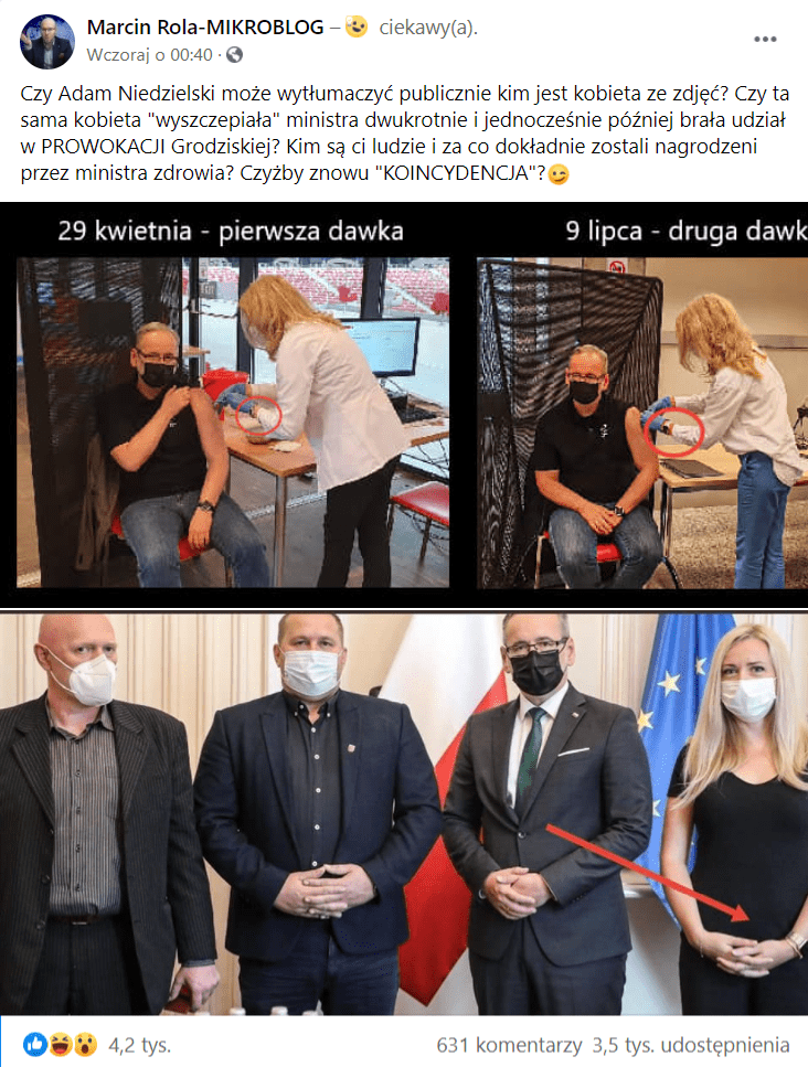 Zrzut ekranu wpisu na Facebooku na profilu Marcin Rola-MIKROBLOG, w którym sugerowano, że na trzech zdjęciach obecna jest ta sama kobieta, co miałoby świadczyć o tym, że rząd manipuluje społeczeństwem w tym zakresie.