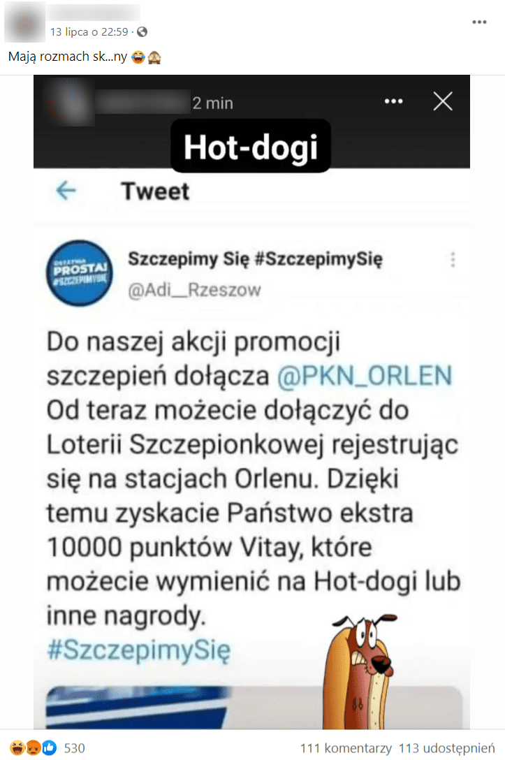 Zrzut ekranu wpisu na Facebooku, w którym pisano o rzekomych planach nagradzania hot dogami na stacjach paliw Orlen za zarejestrowanie się w loterii na stacji. 