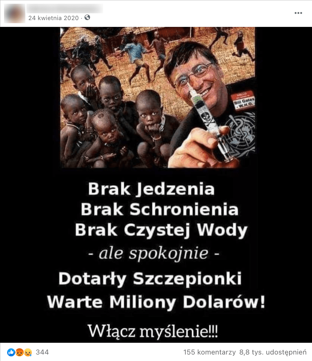Zrzut ekranu z prywatnego profilu na Facebooku z udostępniona grafiką sugerującą, że Bill Gates sprowadził do Afryki szczepionki przeciwko COVID-19, które mają być rzekomo niebezpieczne dla jej mieszkańców.