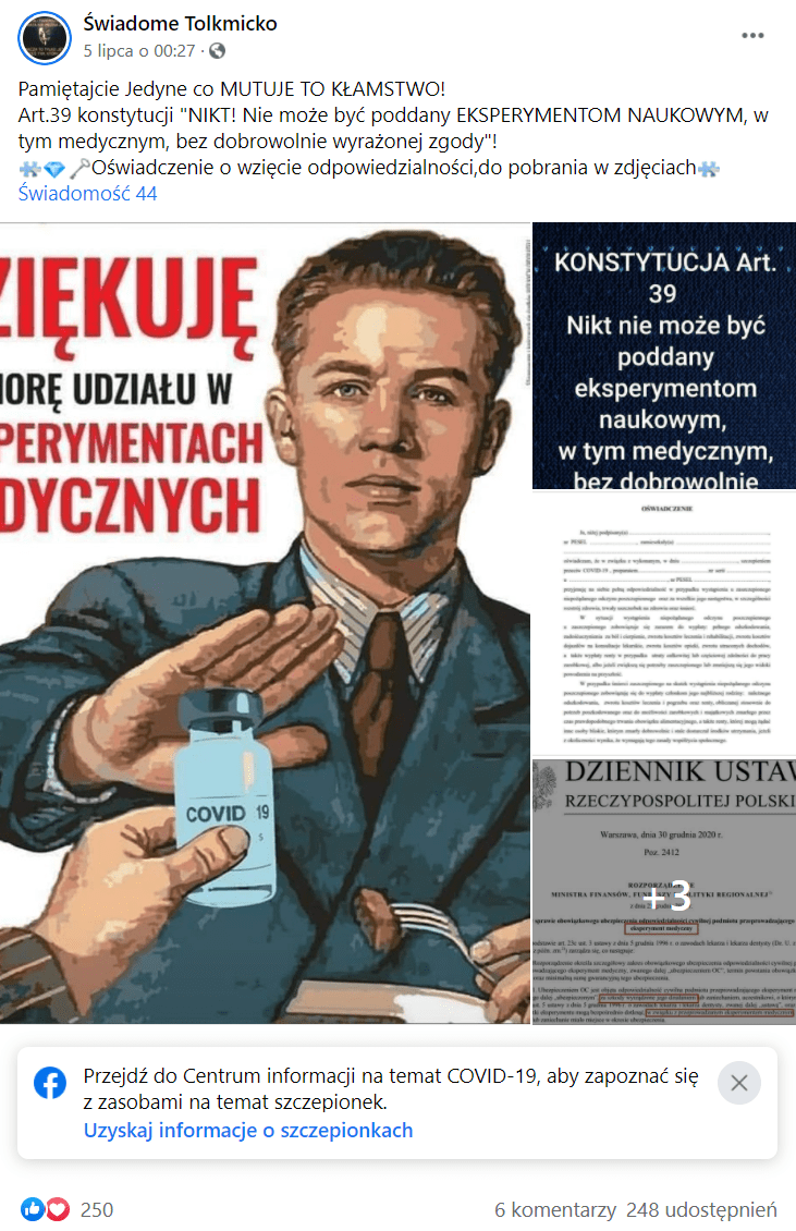 Zrzut ekranu przedstawiający wpis na facebookowym profilu Świadome Tolkmicko, który opublikowano 5 lipca 2021 roku. Do wpisu dołączono kilka grafik; jedna z nich - ta najbardziej wyróżniająca się - przedstawiała mężczyznę w garniturze, który odmawia przyjęcia szczepionki przeciw COVID-19, gdyż, jak to ujął, jest to „eksperyment medyczny”. Inne grafiki przedstawiają fragmenty ustawy i dokumentów. 