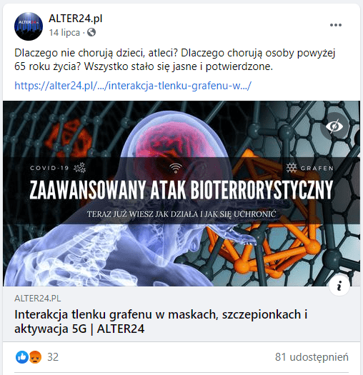 Zrzut ekranu posta na Facebooku. Zilustrowano go artystyczną grafiką prześwietlonego płodu. W tle jest model struktury grafenu. Na środku, wielkimi literami, zamieszczono biały napis: “ZAAWANSOWANY ATAK TERRORYSTYCZNY - TERAZ JUŻ WIESZ JAK DZIAŁA I JAK SIĘ UCHRONIĆ”.