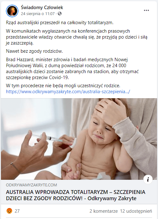 Zrzut ekranu jednego z postów, które udostępniły dalej artykuł z portalu Odkrywamy zakryte. Post zilustrowany jest zdjęciem szczepionego płaczącego dziecka, trzymanego przez dorosłego, którego twarzy nie widać.