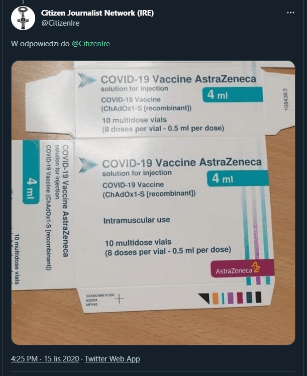 Zrzut ekranu tweeta, w którym zamieszczono oryginalne zdjęcie pudełka preparatu.