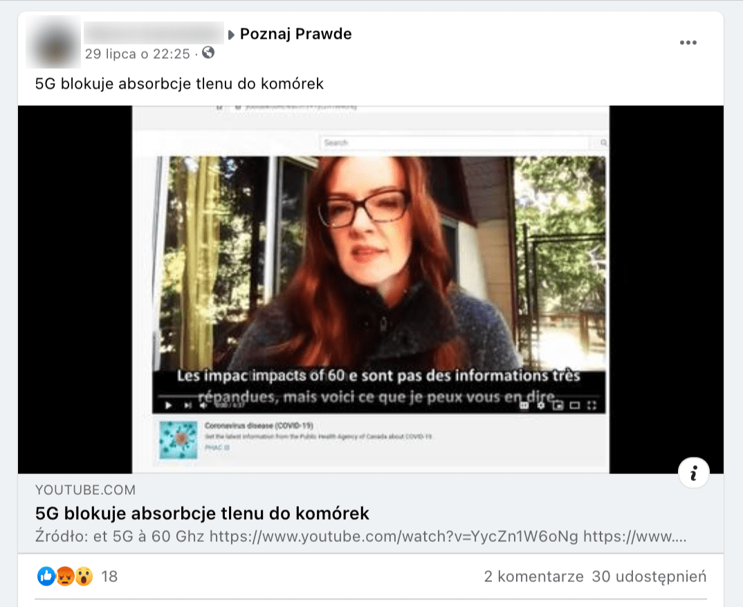 Zrzut ekranu z Facebooka. „5G blokuje absorbcje tlenu do komórek” - czytamy w poście. Dołączono do niego link odsyłający do serwisu Youtube.com.