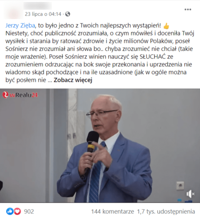 Zrzut ekranu przedstawiający post na Facebooku z dołączonym filmem z udziałem Jerzego Zięby. W kadrze widać wizerunek przemawiającego do mikrofonu mężczyzny. Na film zareagowało ponad 900 osób, pojawiło się pod nim ponad 140 komentarzy, a obejrzano go ponad 1,7 tys. razy.