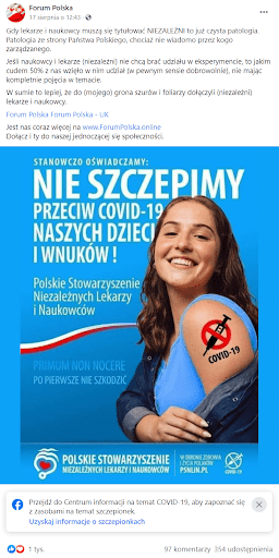 Zrzut ekranu wpisu na facebookowym profilu Forum Polska, w którym sugerowano, że szczepionki przeciw COVID-19 stanowią eksperyment medyczny. Poniżej dołączono grafikę opracowaną przez PSNLiN, poprzez którą próbowano zniechęcić odbiorców do szczepień przeciw COVID-19. Na wpis zareagowało ponad tysiąc osób.