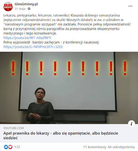 Zrzut ekranu wpisu na profilu GlosGminny.pl, w których przekazano, że szczepionki to eksperyment medyczny. Poniżej dodano film pt. „Apel prawnika do lekarzy - albo się opamiętacie, albo będziecie siedzieć”. Wpis z filmem polubiło ponad 130 osób.