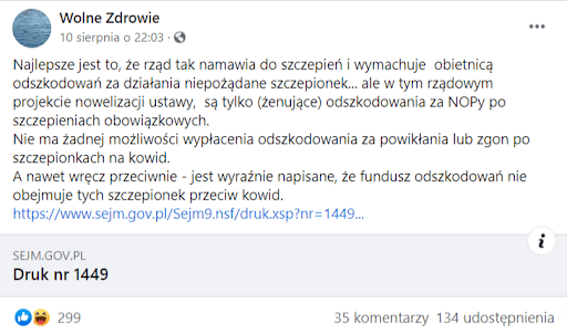 Zrzut ekranu wpisu na Facebooku na profilu Wolne Zdrowie, w którym podano, że nie ma możliwości wypłacenia odszkodowania za powikłania po szczepionkach na COVID-19. Na wpis do 19 sierpnia zareagowało 299 osób, a 134 udostępniły go na swoich tablicach.