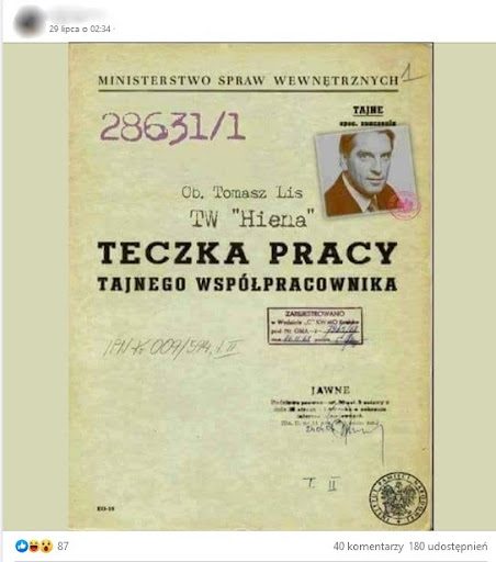 Zrzut ekranu wpisu na Facebooku, w którym przedstawiono rzekomą teczkę Tomasza Lisa. Na wpis zareagowało ponad 80 osób, a ponad 100 udostępniło go dalej.
