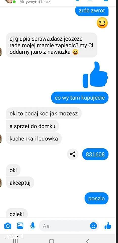 Zrzut ekranu zawierający zapis rozmowy pomiędzy oszustem i ofiarą. Oszust, podszywając się pod konto znajomego ofiary, prosi o podanie kodu i akceptowanie przelewu