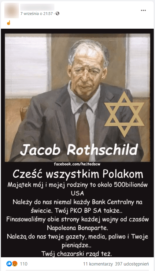 Zrzut ekranu posta na Facebooku. Jest on zilustrowany portretem Jacoba Rothschilda: starszego, łysiejącego mężczyzny w szarym garniturze i bordowym krawacie. Barwy są stonowane, tło jest biało-brązowe.