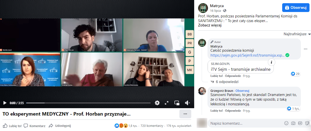 Zrzut ekranu posta na Facebooku. W poście widać klatkę z fragmentu nagrania zdalnego spotkania Parlamentarnego Zespołu ds. Sanitaryzmu. Przedstawia ona ekran podzielony na sześć okienek, w pięciu widać uczestników spotkania - Piotra Witczaka, Katarzynę Tarnawę-Gwóźdź, Annę Marię Siarkowską, Andrzeja Horbana i Karolinę Elbanowską - i jedno czarne podpisane „Monika (you)”