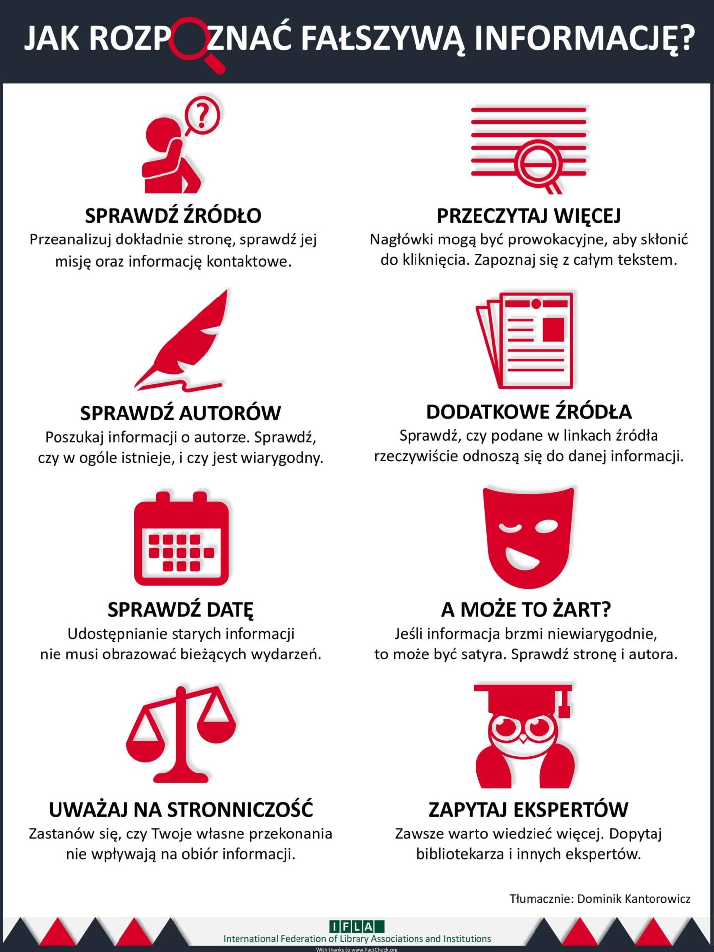 Grafika na temat tego jak rozpoznać fałszywą informację w Internecie. Aby to zrobić należy: sprawdzić źródło informacji, zapoznać się z całym tekstem, sprawdzić autorów, potwierdzić informację w dodatkowych źródłach, sprawdzić datę publikacji, upewnić się, że informacja nie jest żartem, zapytać ekspertów o opinię i być świadomym wpływu własnych przekonań na odbiór informacji