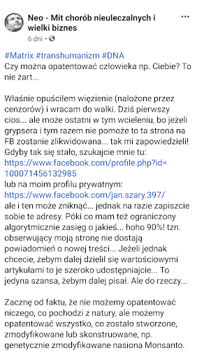 Zrzut ekranu fragmentu postu opublikowanego na fanpage’u Neo - Mit chorób nieuleczalnych i wielki biznes.