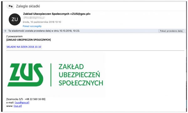 Mail wysłany przez oszustów przypominający wiadomość od Zakładu Ubezpieczeń Społecznych