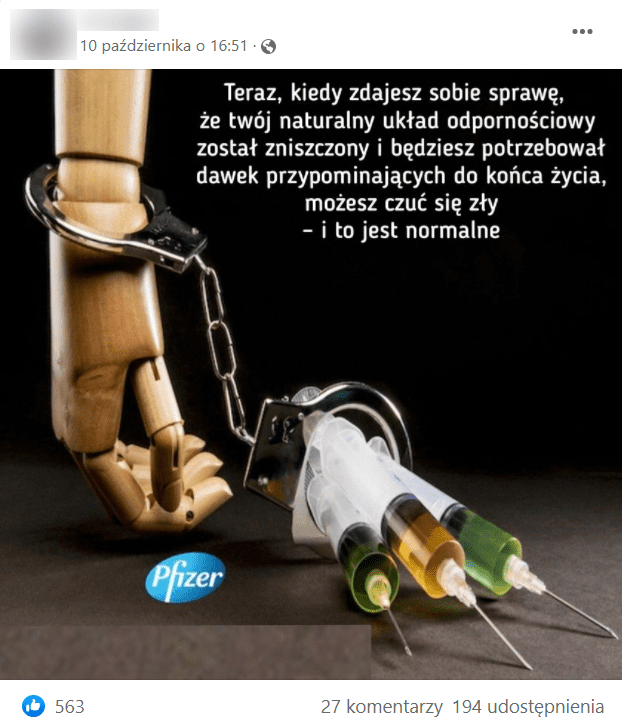 Zrzut ekranu grafiki opublikowanej na Facebooku. Na wpis zareagowało ponad 500 osób, a 194 udostępniły go dalej na swoich tablicach.