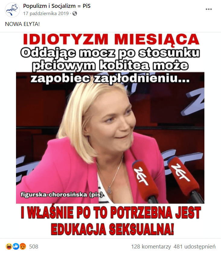 Zrzut ekranu wpisu na Facebooku, w którym znajduje się cytat "oddając mocz po stosunku płciowym kobieta może zapobiec zapłodnieniu", co przypisano posłance Prawa i Sprawiedliwości.