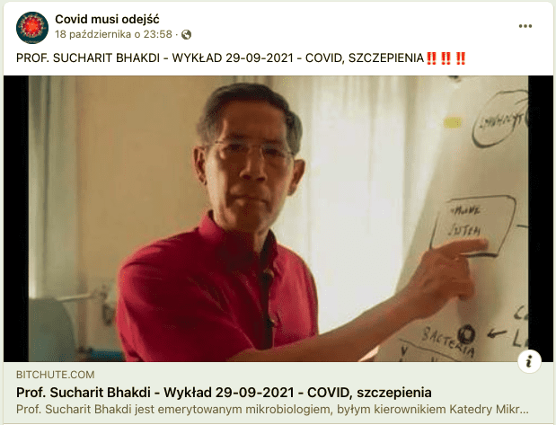 Wpis na Facebooku prowadzący do wykładu prof. Bhakdiego