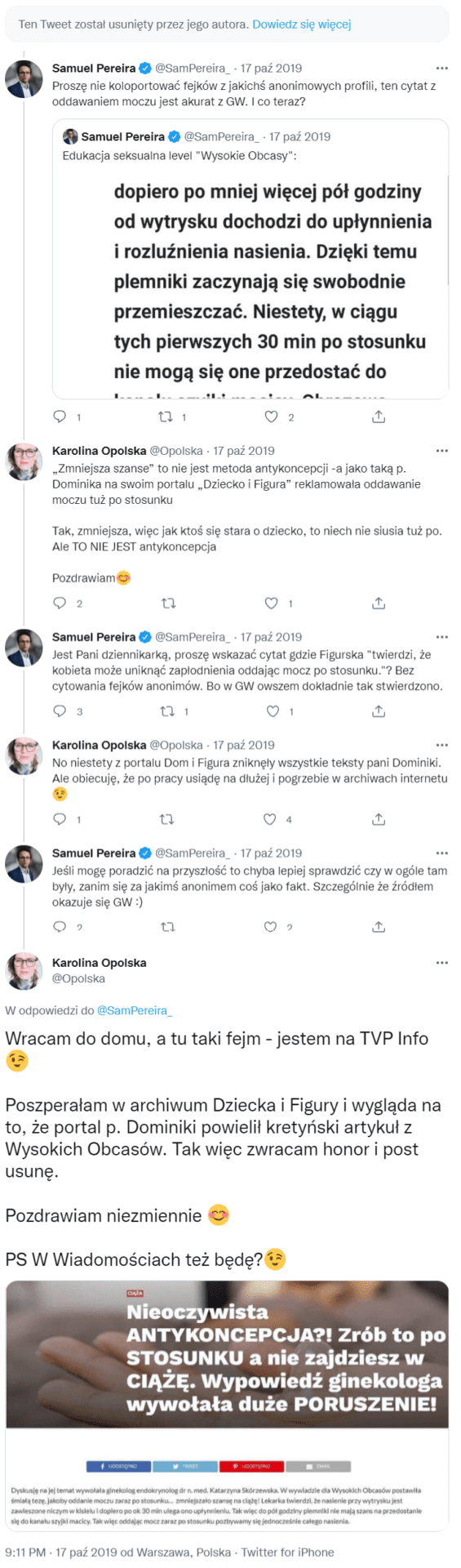 Zrzut ekranu wątku na Twitterze, w którym toczyła się rozmowa między Samuelem Pereirą i Karoliną Opolską.