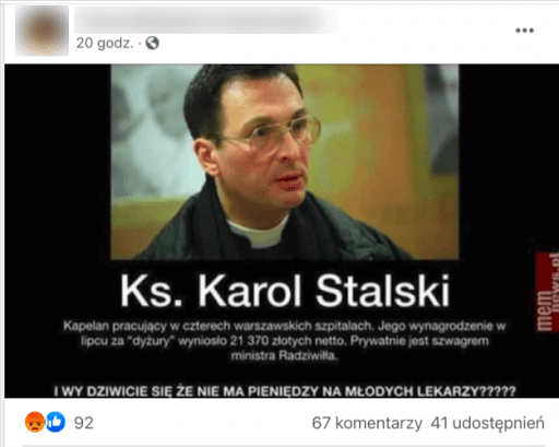 Zrzut ekranu posta, w którym udostępniono mema z wizerunkiem Karla Thomasa Stehlina: ciemnowłosego mężczyzny w okularach i koloratce.