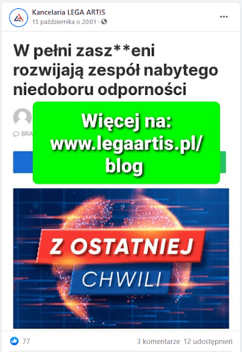 Zrzut ekranu posta Kancelarii LEGA ARTIS udostępniający link do wpisu na blogu. Post zilustrowany jest grafiką z napisem “z ostatniej chwili” na tle kuli ziemskiej.