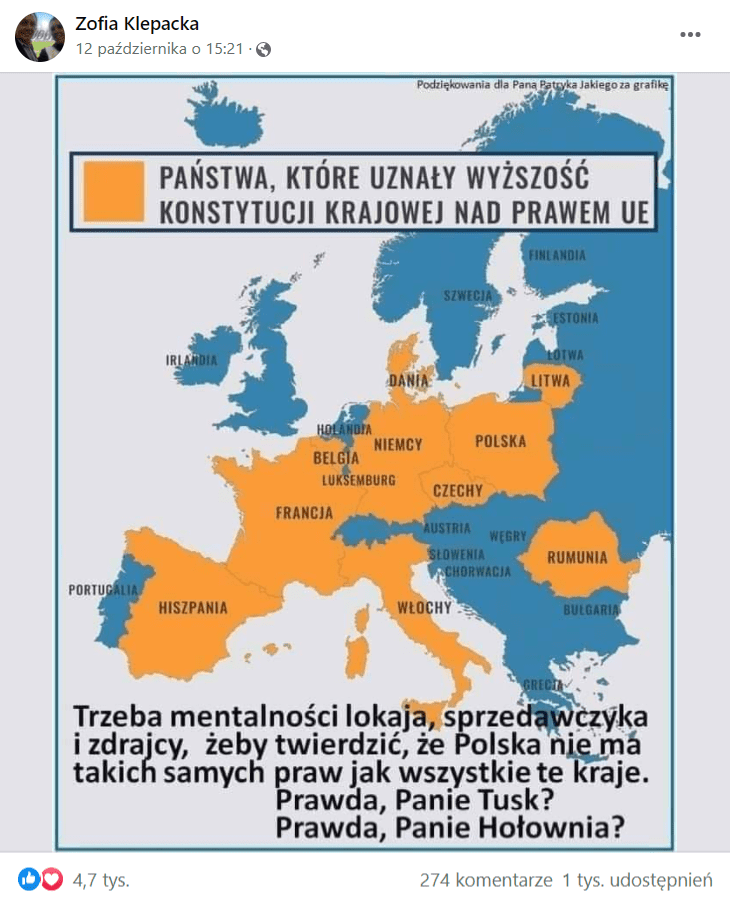 Zrzut ekranu wpisu na Facebooku, w którym dołączono mapę z zaznaczonymi 10 państwami, w tym Hiszpanią, Francją, Włochami, Rumunią, Czechami, Belgią, Niemcami, Polską, Litwą i Danią, które zgodnie z legendą miały przedstawiać kraje, które „uznały wyższość konstytucji nad przepisami unijnymi”. Mapę opatrzono dodatkowym podpisem, brzmiącym: „Trzeba mentalności lokaja, sprzedawczyka i zdrajcy, żeby twierdzić, ze Polska nie ma takich samych praw jak wszystkie te kraje. Prawda, Panie Tusk? Prawda, Panie Hołownia?”. Na wpis zareagowało ponad 4,7 tys. użytkowników.