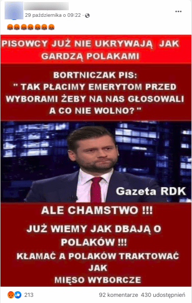 Wpis na Facebooku zawierający grafikę ze zmyślonym cytatem Kamila Bortniczuka. Na zdjęciu widzimy posła ubranego w marynarkę, białą koszulę i czerwony krawat. Poseł przedstawiony został na tle oszklonego budynku, który stanowi oprawę programu „Kropka nad i”