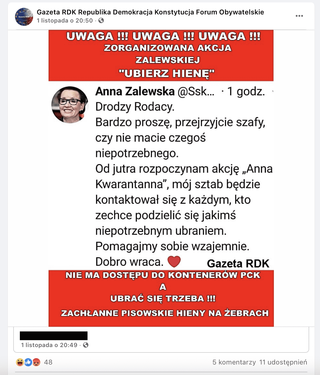 Zrzut ekranu z Facebooka. Na zdjęciu widzimy m.in. tweet, którym autorką rzekomo jest Anna Zalewska.