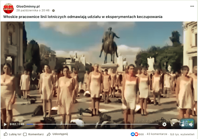 Wpis na Facebooku zawierający nagranie z protestu włoskich pracownic linii lotniczych. W kadrze widzimy grupę regularnie ustawionych na miejskim placu kobiet patrzących wprost w kamerę. Każda z nich stoi jedynie w halce, obok zaś mają złożone swoje ubrania. Po bokach kadru widać fragmenty budynków. Z tyłu za protestującymi kobietami widać pomnik na piedestale, przedstawiający postać na koniu. Wokół pomnika ustawione są także inne rzeźby. Niebo jest błękitne z kilkoma chmurami