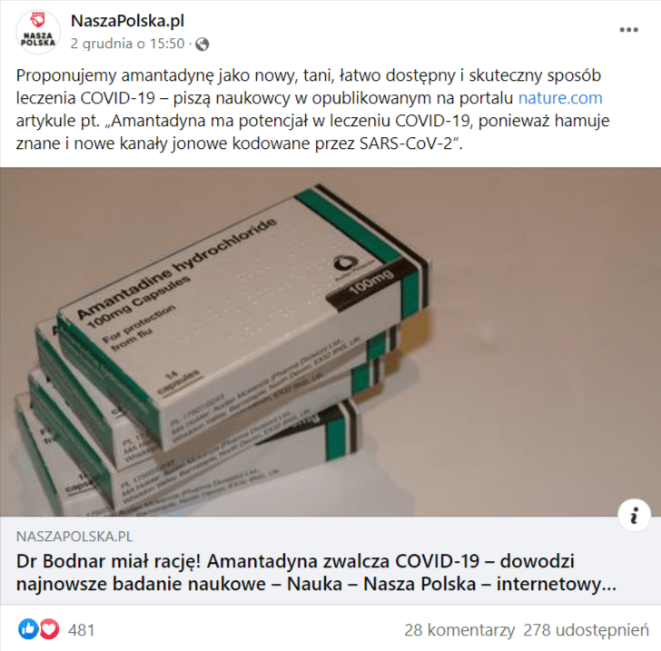 Wpis na Facebooku, w którym udostępniono tekst na temat ustaleń przychodni Optima o amantaydnie. Odnośnik do tekstu został opatrzony grafiką z opakowaniem amantadyny. Sam wpis uzyskał ponad 480 polubień i 278 udostępnień.