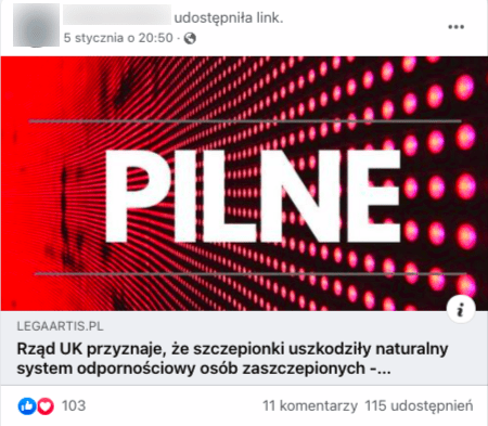 Post zawierający link do tekstu o brytyjskim raporcie w kontekście spadku liczby przeciwciał po szczepieniu