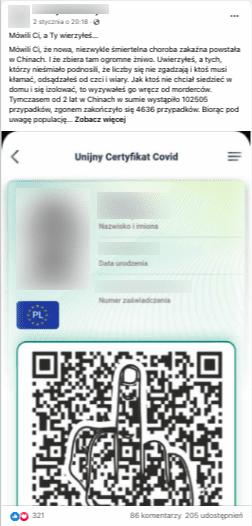 Post na Facebooku zawierający nieprawdziwe informacje o szczepieniach i COVID-19. Zdjęcie przedstawia przerobiony unijny certyfikat COVID, na którym widoczne jest zdjęcie mężczyzny wraz z jego imieniem i nazwiskiem, datą urodzenia i numerem zaświadczenia. Kod QR został przerobiony w taki sposób, przy przedstawiać dłoń z wystawionym środkowym palcem 