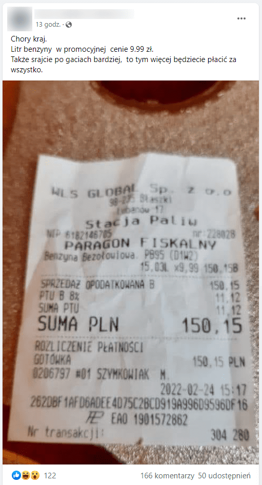 paragon za paliwo na stacji za 9,99 zł/l