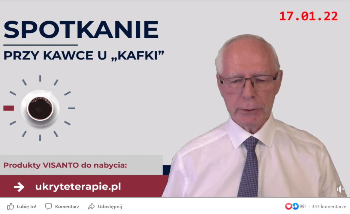 Zrzut ekranu z nagrania na Facebooku, który uzyskało prawie 1000 reakcji. Na wstrzymanej klatce widać Jerzego Ziębę ubranego w białą koszulę z krawatem. Mężczyzna znajduje się na wygenerowanym cyfrowo tle, na którym umieszczono napisy promocyjne, odsyłające do jego strony o nazwie ukryteterapie.pl.